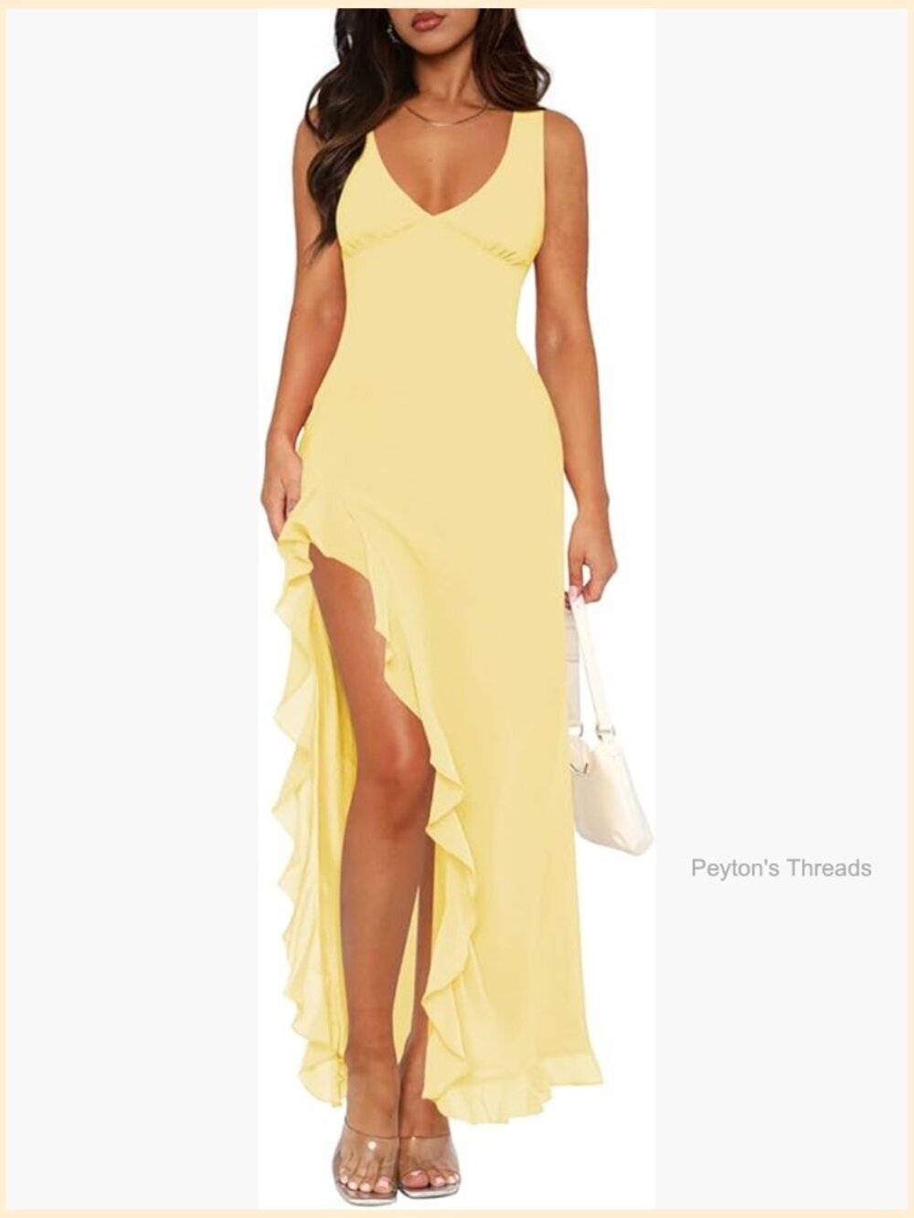 Mesh Ruffle High Slit Bodycon Maxi Dress V Neck Sleeveless Formal Party - Picture 1 of 7